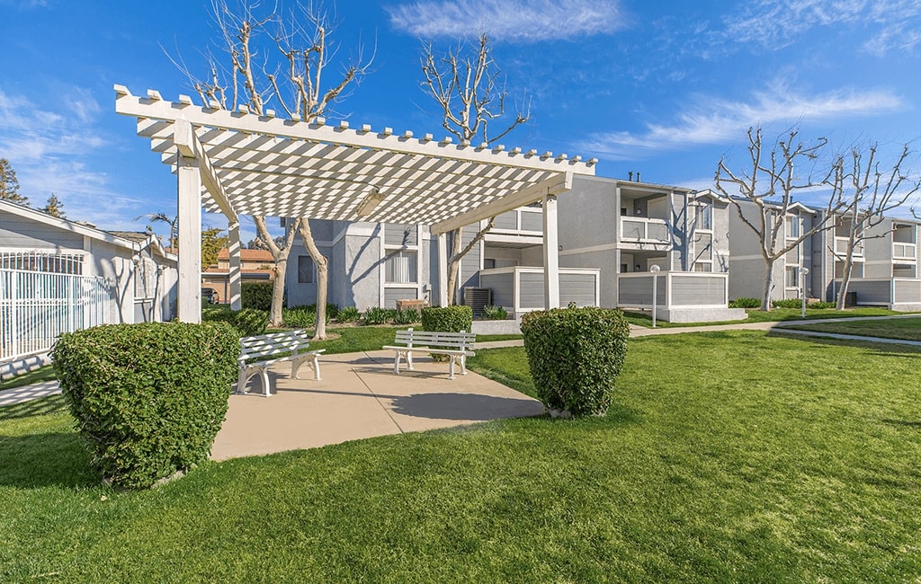 Seating area near grassy area outside